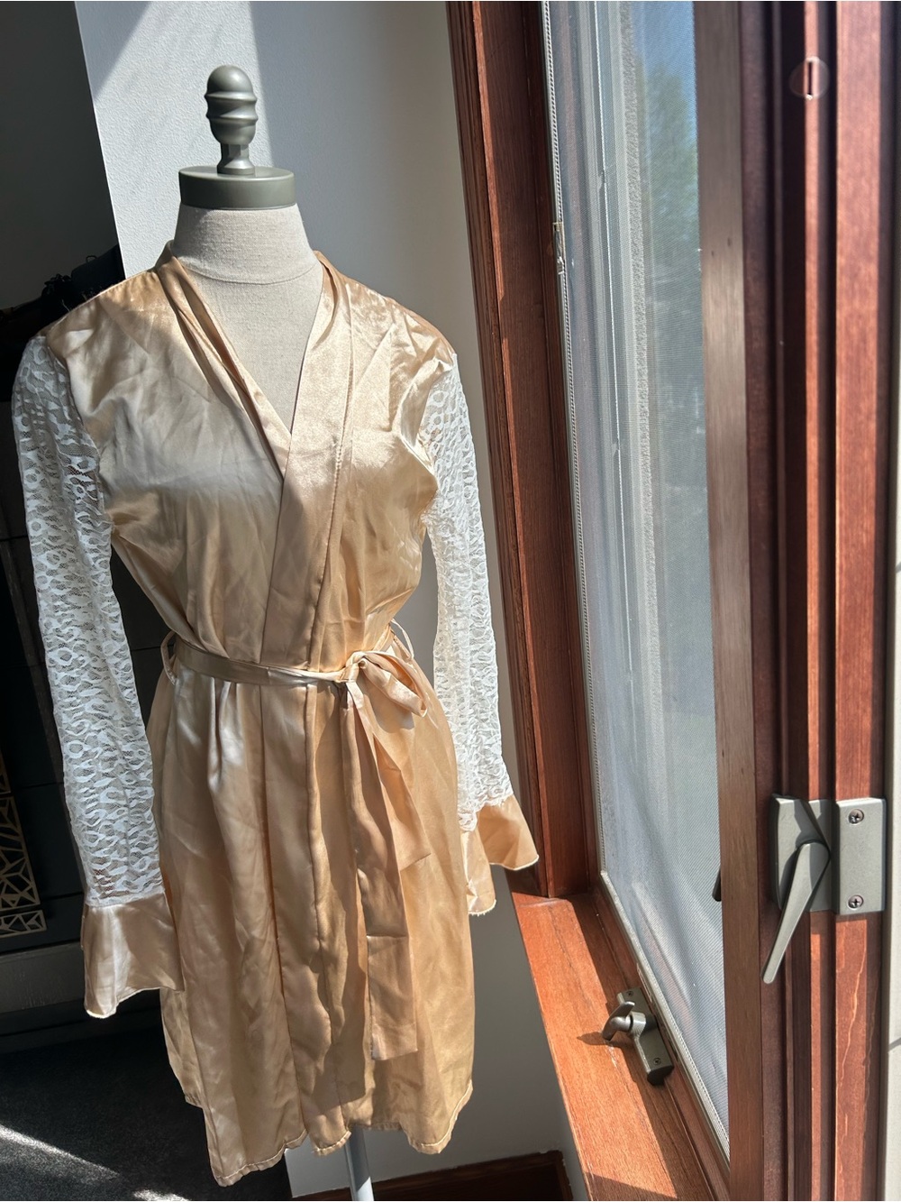 Champagne Satin & White Lace Robe
